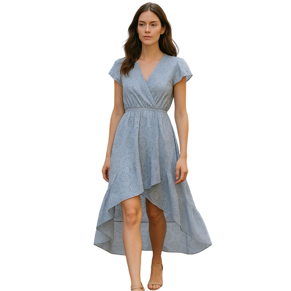Light Blue Eyelet High-Low Wrap Dress